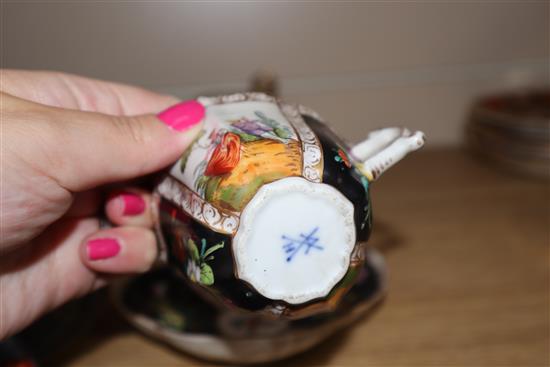 A group of Dresden cup saucers and covers, a Russian tea cup and other Continental porcelain cups